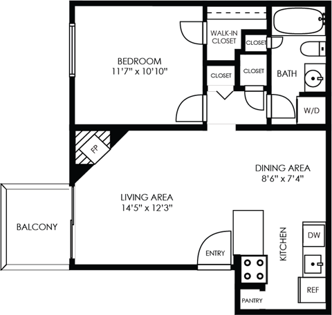 Floor plan for 1 bed, 1 bath, 625 sqft